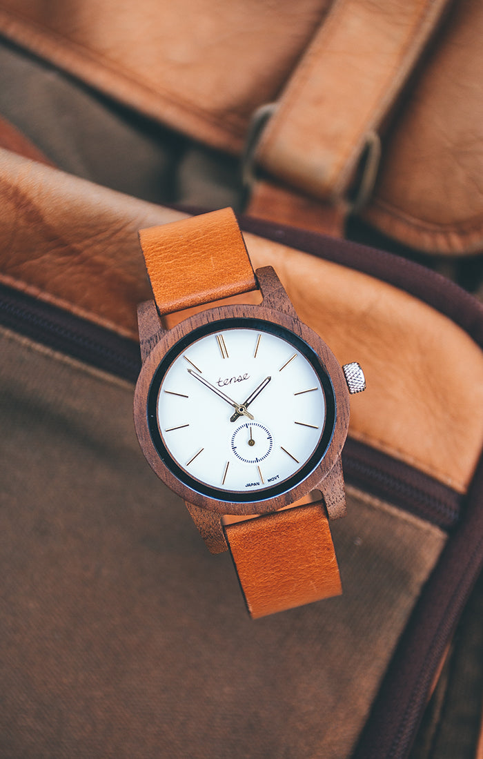Hampton Custom walnut wooden watch with white dial and leather strap — personalized wooden watch Canada