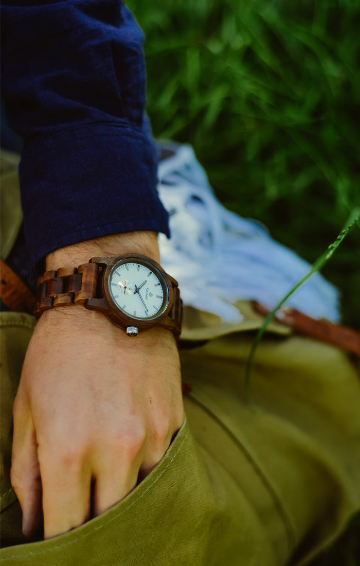 Hampton Custom dark walnut wooden watch on wrist — eco-friendly handmade watch from Vancouver BC