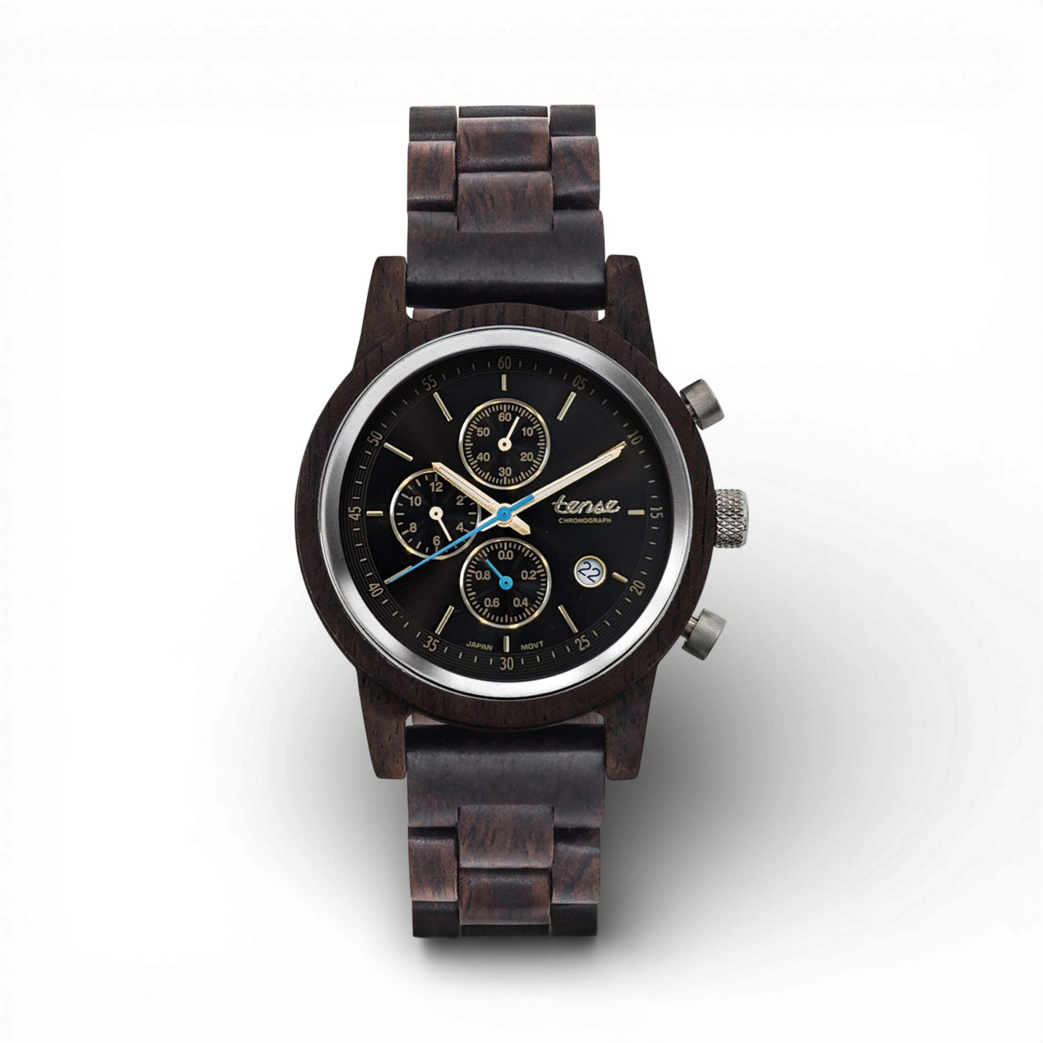 Cambridge Chrono black wooden chronograph watch with silver dial — handmade in Canada