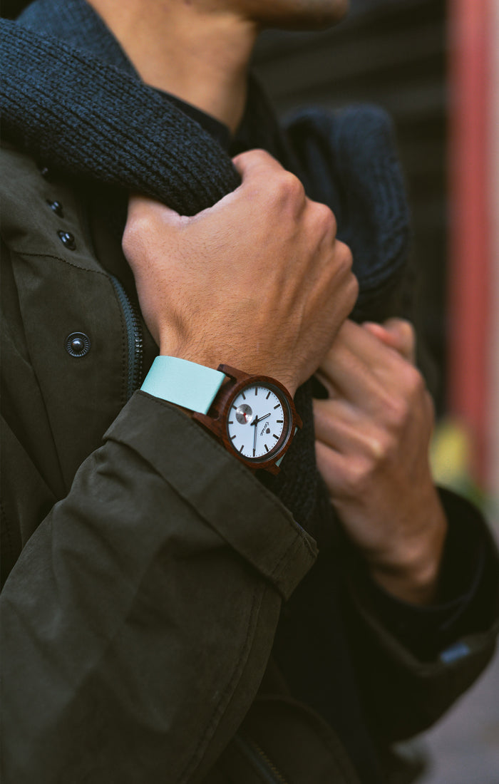 Hampton Custom wooden watch on wrist — handmade in Canada from reclaimed hardwood